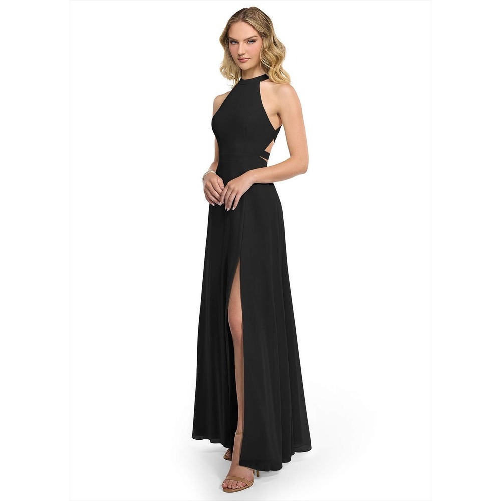 Azazie Clarice Maxi Dress BlackChiffon EUC Bridsemaid Halter Open Back Slit A12